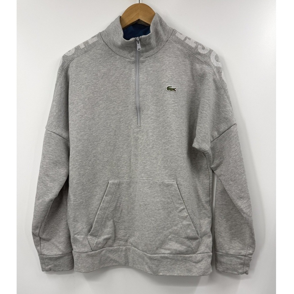 Lacoste Sport Sweatshirt Mens Medium Gray Quarter Zip Pullover Croc Logo Fleece‎